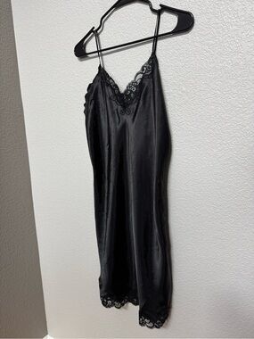 Erika Taylor Vintage 90s Lace Trim Black Satin Mini Slip Dress Women’s S